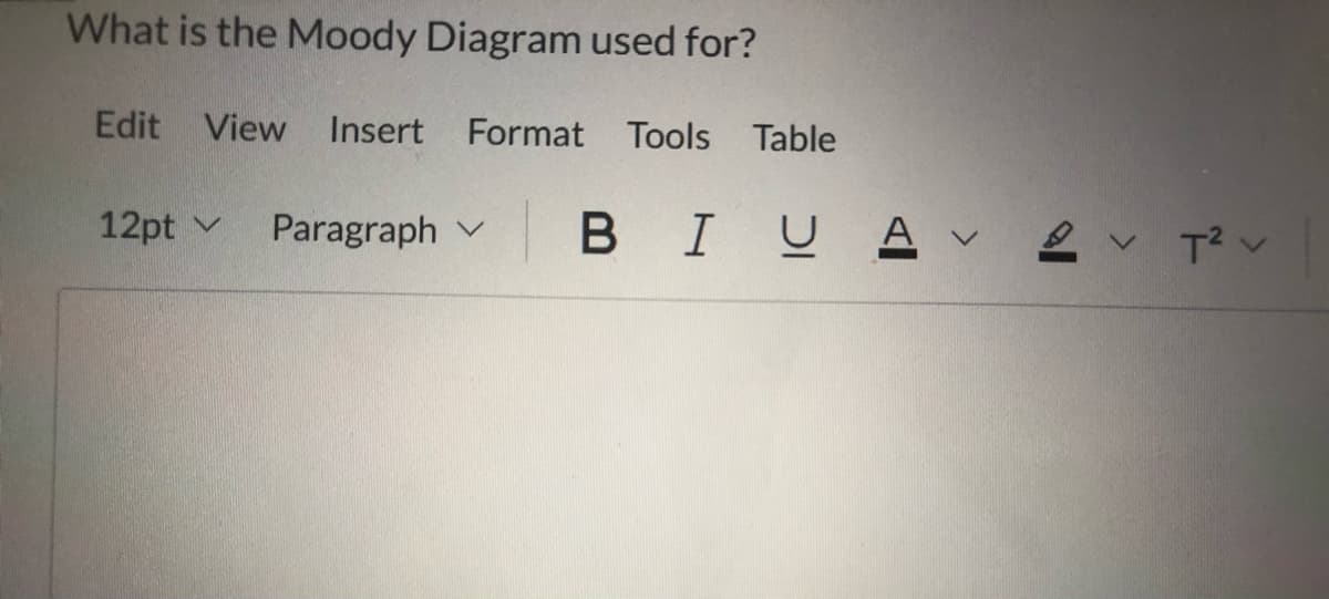 What is the Moody Diagram used for?
Edit View Insert Format Tools Table
12pt
Paragraph B IU Αν
VT² V