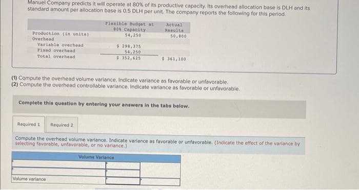 Manuel Company predicts it will operate at 80% of its productive capacity. Its overhead allocation base is DLH and its
standard amount per allocation base is 0.5 DLH per unit. The company reports the following for this period.
Production (in units)
Overhead
Variable overhead
Fixed overhead
Total overhead.
Flexible Budget at
80% Capacity
54,250
$ 298,375
54,250
$352,625
Volume variance
Actual
Results
50, 800
$361,100
(1) Compute the overhead volume variance. Indicate variance as favorable or unfavorable.
(2) Compute the overhead controllable variance. Indicate variance as favorable or unfavorable.
Complete this question by entering your answers in the tabs below.
Required 1 Required 2
Compute the overhead volume variance. Indicate variance as favorable or unfavorable. (Indicate the effect of the variance by
selecting favorable, unfavorable, or no variance.)
Volume Variance