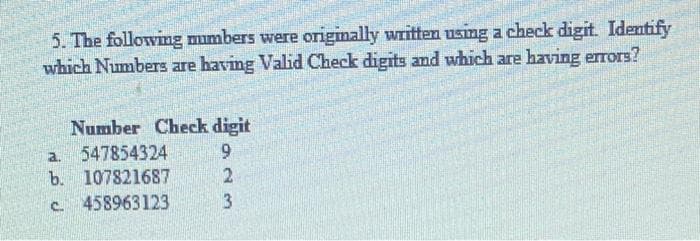 5. The following mumbers were origimally written using a check digit. Identify
which Numbers are having Valid Check digits and which are having errors?
Number Check digit
547854324
a.
b. 107821687
c 458963123
3.
