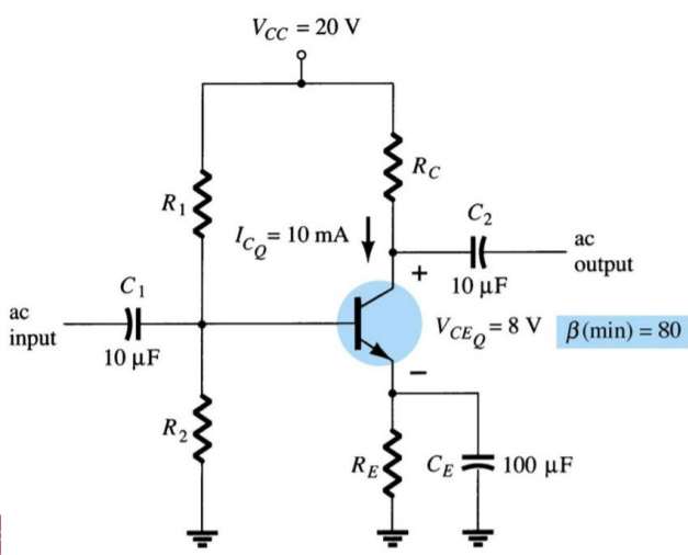 Vcc = 20 V
%3D
RC
R1
C2
= 10 mA
ас
output
+
10 µF
C1
VCE,= 8 V B(min) = 80
ас
input
10 μF
R2
RE
CE F 100 µF
