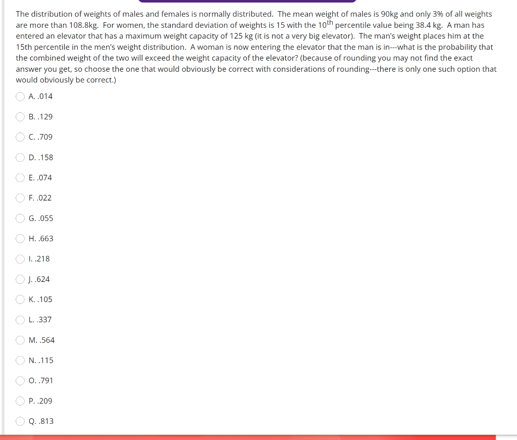 The distribution of weights of males and females is normally distributed. The mean weight of males is 90kg and only 3% of all weights
are more than 108.8kg. For women, the standard deviation of weights is 15 with the 10th percentile value being 38.4 kg. A man has
entered an elevator that has a maximum weight capacity of 125 kg (it is not a very big elevator). The man's weight places him at the
15th percentile in the men's weight distribution. A woman is now entering the elevator that the man is in---what is the probability that
the combined weight of the two will exceed the weight capacity of the elevator? (because of rounding you may not find the exact
answer you get, so choose the one that would obviously be correct with considerations of rounding--there is only one such option that
would obviously be correct.)
A. .014
B. .129
O C..709
O D. .158
O E. .074
O F. .022
G. .055
H. .663
O 1. .218
O J..624
O K. .105
O L. .337
O M. .564
O N. .115
O o..791
P. .209
Q. .813
O O O
