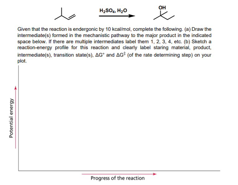 OH
H2SO4, H20
Given that the reaction is endergonic by 10 kcal/mol, complete the following. (a) Draw the
intermediate(s) formed in the mechanistic pathway to the major product in the indicated
space below. If there are multiple intermediates label them 1, 2, 3, 4, etc. (b) Sketch a
reaction-energy profile for this reaction and clearly label staring material, product,
intermediate(s), transition state(s), AG° and AG* (of the rate determining step) on your
plot.
Progress of the reaction
Potential energy
