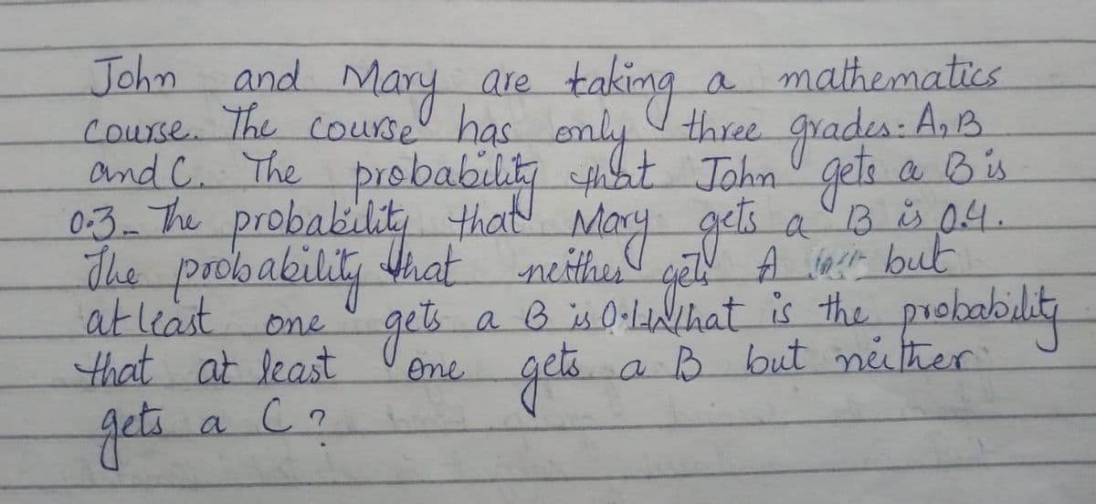 John and Mary are
taking
a mathematics
enly three grades: A.B
Course. The course has
and C The probabilty sht John geta a Bis
0:3- The probability that
The probability hat neithe get A acr but
!
May
getl
gets
a B is 04.
a Bü04.
atleast
that at least
a C2
a B in O-LaNthat is the probabilit
aB but neither
one
One
geta
a
