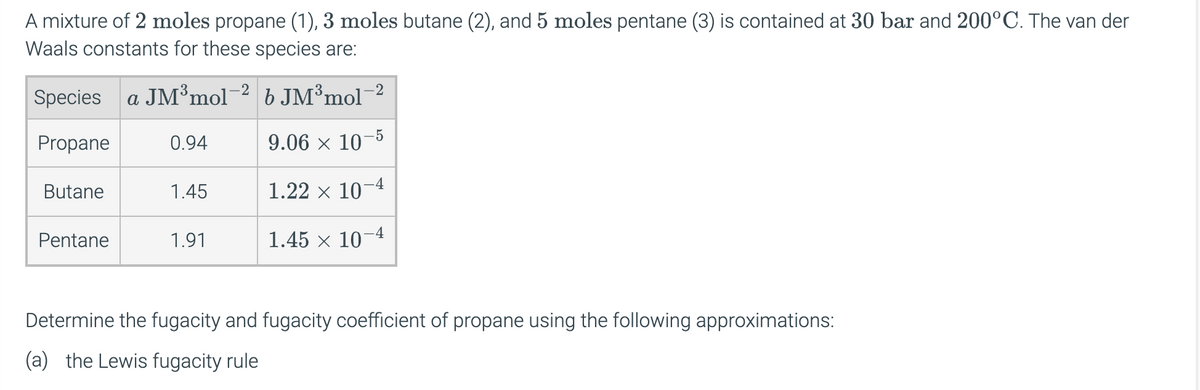 A mixture of 2 moles propane (1), 3 moles butane (2), and 5 moles pentane (3) is contained at 30 bar and 200°C. The van der
Waals constants for these species are:
Species a JM³mol−²
b JM³mol−²
Propane
Butane
Pentane
0.94
1.45
1.91
-5
9.06 × 107
-4
1.22 × 107
-4
1.45 × 107
Determine the fugacity and fugacity coefficient of propane using the following approximations:
(a) the Lewis fugacity rule