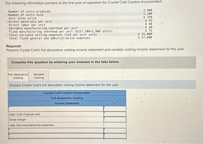 The following information pertains to the first year of operation for Crystal Cold Coolers Incorporated:
Number of units produced
Number of units sold
2,900
2,500
$ 350
Unit sales price
Direct materials per unit
Direct labor per unit
Variable manufacturing overhead per unit
Fixed manufacturing overhead per unit
Total variable selling expenses ($10 per unit sold)
Total fixed general and administrative expenses
($217,500+2,900 units)
Complete this question by entering your answers in the tabs below.
Required:
Prepare Crystal Cold's full absorption costing income statement and variable costing income statement for the year.
Full Absorption
Variable
Costing
Costing
Prepare Crystal Cold's full absorption costing income statement for the year.
Crystal Cold Coolers Incorporated
Full Absorption Costing
Income Statement
Less: Cost of goods sold
Gross margin
Less: Non-manufacturing expenses
$ 55
$ 50
$ 10
$ 75
$ 25,000
$ 57,000