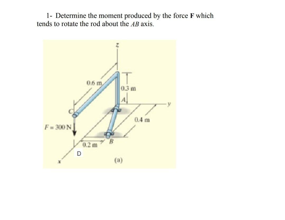 1- Determine the moment produced by the force F which
tends to rotate the rod about the AB axis.
0.6 m
0.3 m
0.4 m
F = 300 N
B.
0.2 m
D
