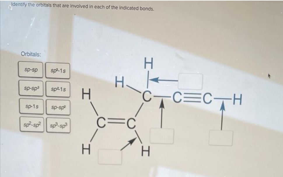 Identify the orbitals that are involved in each of the indicated bonds.
Orbitals:
H
sp-sp sp³-1s
H
sp-sp³ sp²1s
CC=CH
sp-1s sp-sp²
C=C
sp²-sp² sp³-sp³
H
H
H