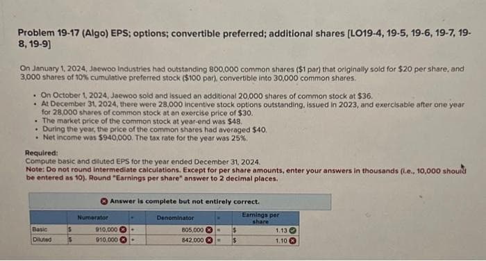 Problem 19-17 (Algo) EPS; options; convertible preferred; additional shares [LO19-4, 19-5, 19-6, 19-7, 19-
8, 19-9]
On January 1, 2024, Jaewoo Industries had outstanding 800,000 common shares ($1 par) that originally sold for $20 per share, and
3,000 shares of 10% cumulative preferred stock ($100 par), convertible into 30,000 common shares.
. On October 1, 2024, Jaewoo sold and issued an additional 20,000 shares of common stock at $36.
• At December 31, 2024, there were 28,000 incentive stock options outstanding, issued in 2023, and exercisable after one year
for 28,000 shares of common stock at an exercise price of $30.
. The market price of the common stock at year-end was $48.
.
During the year, the price of the common shares had averaged $40.
.Net income was $940,000. The tax rate for the year was 25%,
Required:
Compute basic and diluted EPS for the year ended December 31, 2024.
Note: Do not round intermediate calculations. Except for per share amounts, enter your answers in thousands (.e., 10,000 should
be entered as 10). Round "Earnings per share" answer to 2 decimal places.
Basic
Diluted
S
Numerator
Answer is complete but not entirely correct.
910,000-
910.000
Denominator
805,000 >=
842,000
Earnings per
share
1.13
1.10 x