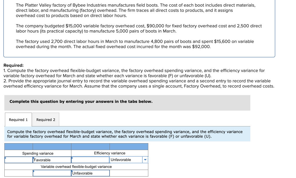 The Platter Valley factory of Bybee Industries manufactures field boots. The cost of each boot includes direct materials,
direct labor, and manufacturing (factory) overhead. The firm traces all direct costs to products, and it assigns
overhead cost to products based on direct labor hours.
The company budgeted $15,000 variable factory overhead cost, $90,000 for fixed factory overhead cost and 2,500 direct
labor hours (its practical capacity) to manufacture 5,000 pairs of boots in March.
The factory used 2,700 direct labor hours in March to manufacture 4,800 pairs of boots and spent $15,600 on variable
overhead during the month. The actual fixed overhead cost incurred for the month was $92,000.
Required:
1. Compute the factory overhead flexible-budget variance, the factory overhead spending variance, and the efficiency variance for
variable factory overhead for March and state whether each variance is favorable (F) or unfavorable (U).
2. Provide the appropriate journal entry to record the variable overhead spending variance and a second entry to record the variable
overhead efficiency variance for March. Assume that the company uses a single account, Factory Overhead, to record overhead costs.
Complete this question by entering your answers in the tabs below.
Required 1 Required 2
Compute the factory overhead flexible-budget variance, the factory overhead spending variance, and the efficiency variance
for variable factory overhead for March and state whether each variance is favorable (F) or unfavorable (U).
Spending variance
Favorable
Efficiency variance
**********
Unfavorable
Variable overhead flexible-budget variance
Unfavorable