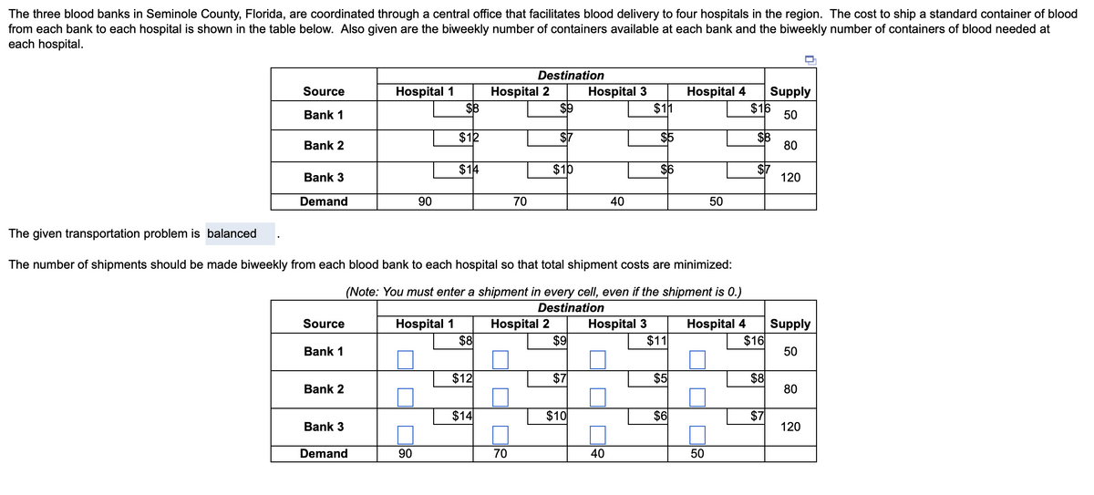 The three blood banks in Seminole County, Florida, are coordinated through a central office that facilitates blood delivery to four hospitals in the region. The cost to ship a standard container of blood
from each bank to each hospital is shown in the table below. Also given are the biweekly number of containers available at each bank and the biweekly number of containers of blood needed at
each hospital.
Source
Bank 1
Bank 2
Bank 3
Demand
Source
Bank 1
Bank 2
Hospital 1
Bank 3
Demand
90
Hospital 1
90
$8
$12
$14
$8
$12
$14
Hospital 2
The given transportation problem is balanced
The number of shipments should be made biweekly from each blood bank to each hospital so that total shipment costs are minimized:
(Note: You must enter a shipment in every cell, even if the shipment is 0.)
Destination
Destination
70
70
Hospital 2
$9
$10
$9
$7
Hospital 3
$10
40
Hospital 3
40
$11
$11
$5
Hospital 4
$6
50
Hospital 4
50
$16
$8
$16
$8
Supply
50
$7
80
120
Supply
50
80
120