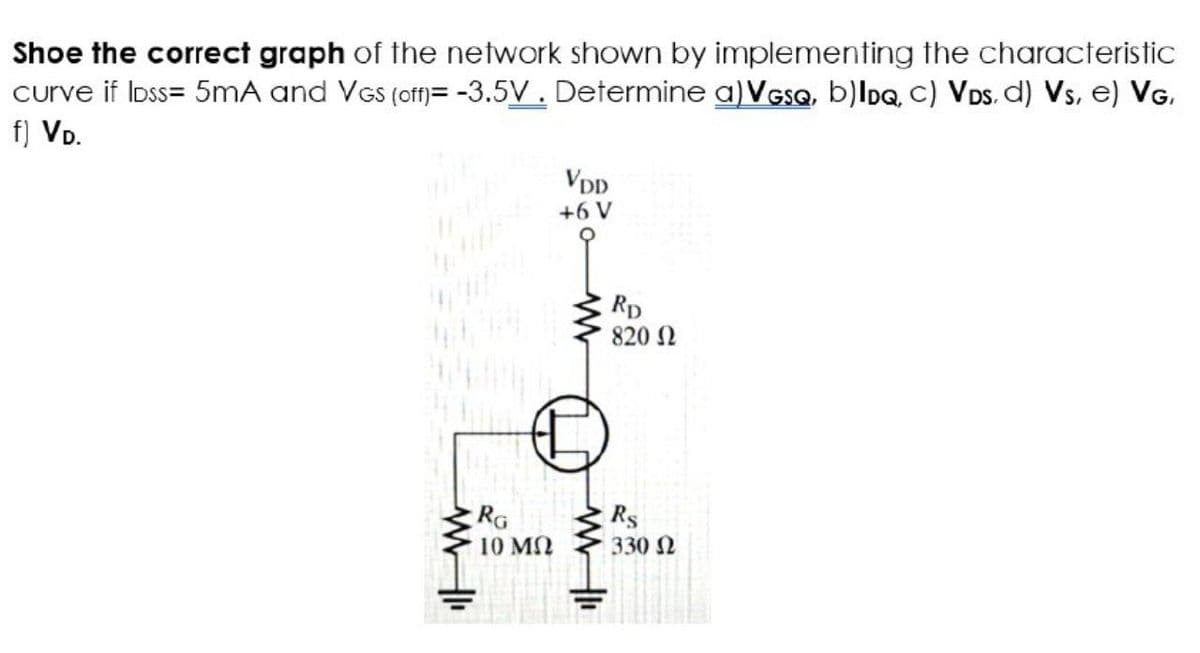 Shoe the correct graph of the network shown by implementing the characteristic
curve if loss= 5mA and VGS (off)= -3.5V. Determine a) VGSQ, b)lDQ, C) VDs. d) Vs, e) VG,
f) VD.
VDD
+6 V
www
RG
10 ΜΩ
www
RD
820 Ω
Rs
330 Ω