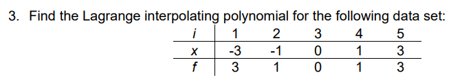 3. Find the Lagrange interpolating
i
X
f
polynomial for the following data set:
3
4
5
0
1
3
0
1
3
1
-3
3
2
-1
1