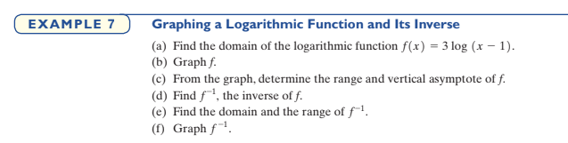 EXAMPLE 7
Graphing a Logarithmic Function and Its Inverse
(a) Find the domain of the logarithmic function f(x) = 3 log (x – 1).
(b) Graph f.
(c) From the graph, determine the range and vertical asymptote of f.
(d) Find f, the inverse of f.
(e) Find the domain and the range of f.
(f) Graph f"1.
