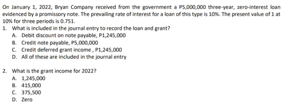 On January 1, 2022, Bryan Company received from the government a P5,000,000 three-year, zero-interest loan
evidenced by a promissory note. The prevailing rate of interest for a loan of this type is 10%. The present value of 1 at
10% for three periods is 0.751.
1. What is included in the journal entry to record the loan and grant?
A. Debit discount on note payable, P1,245,000
B. Credit note payable, P5,000,000
C. Credit deferred grant income , P1,245,000
D. All of these are included in the journal entry
2. What is the grant income for 2022?
А. 1,245,000
В. 415,000
C. 375,500
D. Zero
