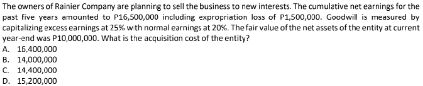 The owners of Rainier Company are planning to sell the business to new interests. The cumulative net earnings for the
past five years amounted to P16,500,000 including expropriation loss of P1,500,000. Goodwill is measured by
capitalizing excess earnings at 25% with normal earnings at 20%. The fair value of the net assets of the entity at current
year-end was P10,000,000. What is the acquisition cost of the entity?
A. 16,400,000
B. 14,000,000
C. 14,400,000
D. 15,200,000
