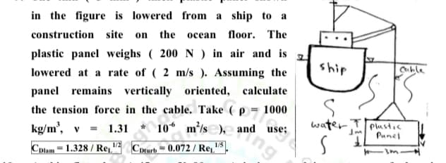 in the figure is lowered from a ship to a
floor. The
on
the
осеan
construction site
plastic panel weighs ( 200N) in air and is
Cuble
ship
lowered at a rate of ( 2 m/s ). Assuming the
panel remains vertically oriented, calculate
ng
the tension force in the cable. Take ( p = 1000
10* m/s ),e and use;
water T Plustic
Punel
kg/m', v
1.31
1/5
1/2
CDlam = 1.328 / Rej" Cpturb = 0.072 / Rej. .
