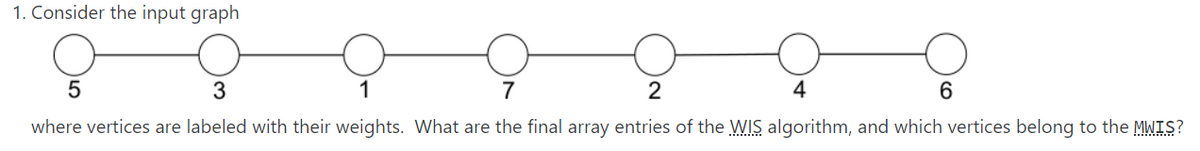 1. Consider the input graph
5
3
1
7
2
4
6
where vertices are labeled with their weights. What are the final array entries of the WIS algorithm, and which vertices belong to the MWIS?