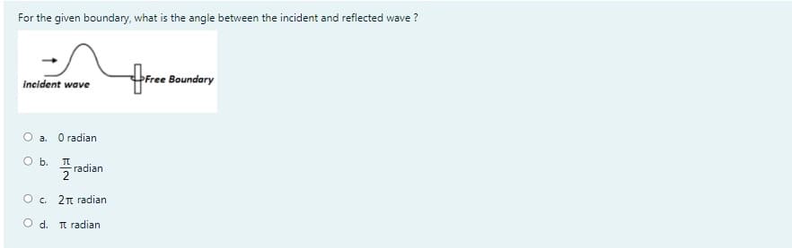 For the given boundary, what is the angle between the incident and reflected wave ?
free Boundary
incident wave
O a. O radian
Ob.
radian
O . 2n radian
O d. Tt radian
