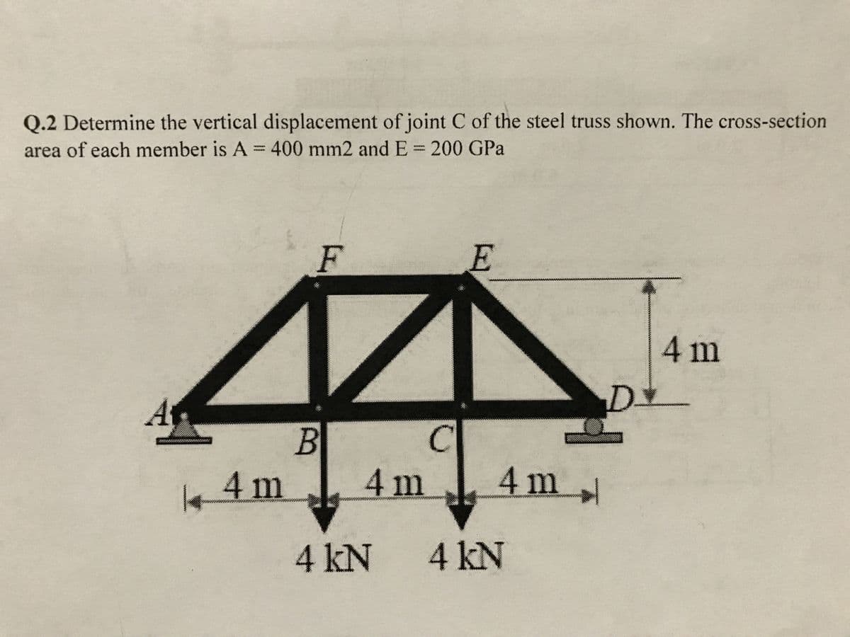 Q.2 Determine the vertical displacement of joint C of the steel truss shown. The cross-section
area of each member is A = 400 mm2 and E = 200 GPa
4m
F
B
4m
4 kN
C
E
4 m
4 KN
4 m