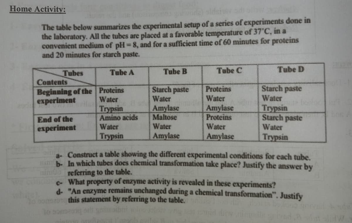 Home Activity:
The table below summarizes the experimental setup of a series of experiments done in
the laboratory. All the tubes are placed at a favorable temperature of 37'C, in a
convenient medium of pH = 8, and for a sufficient time of 60 minutes for proteins
and 20 minutes for starch paste.
Tube A
Tube B
Tube C
Tube D
Tubes
Contents
Beginning of the Proteins
experiment
Starch paste
Water
Proteins
Water
Starch paste
Water
Water
End of the
experiment
Trypsin
Amino acids
Water
Amylase
Maltose
Water
Amylase
Proteins
Trypsin
Starch paste
Water
Water
Trypsin
Amylase
Amylase
Trуpsin
a- Construct a table showing the different experimental conditions for each tube.
nim In which tubes does chemical transformation take place? Justify the answer by
nim0 referring to the table.
What property of enzyme activity is revealed in these experiments?
d- "An enzyme remains unchanged during a chemical transformation". Justify
01e this statement by referring to the table.
ue bueecIICC OT
odin spived at alitW
