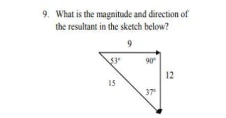 9. What is the magnitude and direction of
the resultant in the sketch below?
$3
90°
12
15
37
