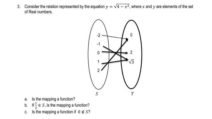 3. Consider the relation represented by the equation y = v4 - x², where x and y are elements of the set
of Real numbers.
-2
-1
2
V3
2
T
a. Is the mapping a function?
b. If e S, is the mapping a function?
c. Is the mapping a function if 0 e S?
