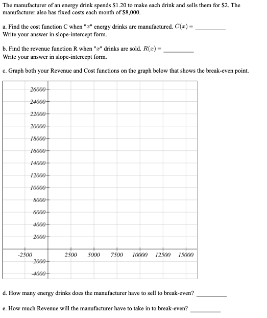 The manufacturer of an energy drink spends $1.20 to make each drink and sells them for $2. The
manufacturer also has fixed costs each month of $8,000.
a. Find the cost function C when "x" energy drinks are manufactured. C(z) -
Write your answer in slope-intercept form.
b. Find the revenue function R when "a" drinks are sold. R(x) =
Write your answer in slope-intercept form.
c. Graph both your Revenue and Cost functions on the graph below that shows the break-even point.
26000-
24000+
22000-
20000-
18000-
16000-
14000-
12000-
10000-
8000-
6000-
4000+
2000-
-2500
2500
5000
7500
10000
12500
15000
-2000-
-4000-
d. How many energy drinks does the manufacturer have to sell to break-even?
e. How much Revenue will the manufacturer have to take in to break-even?
