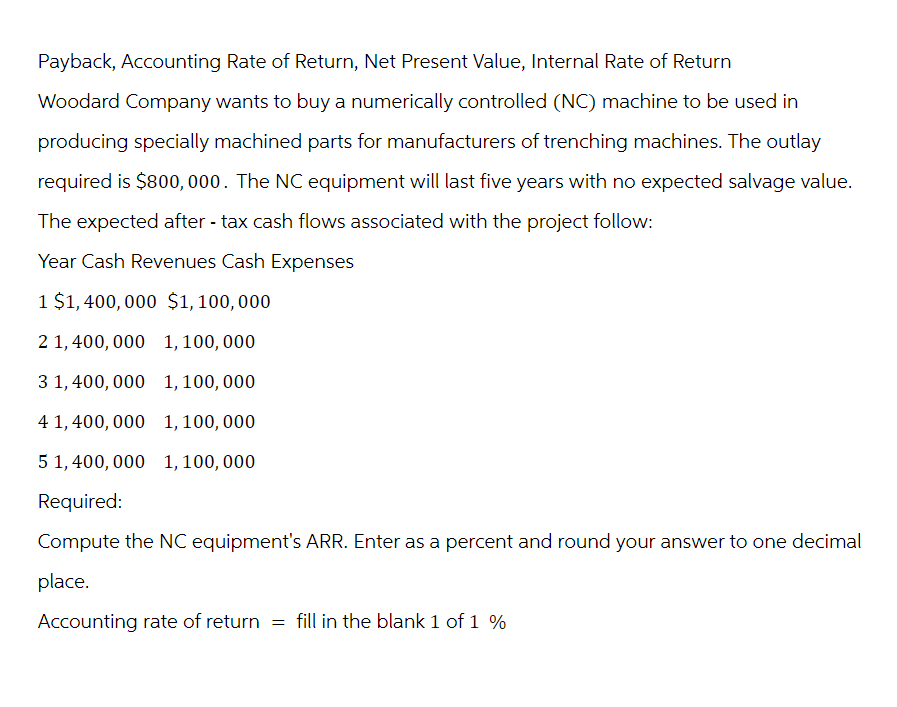 Payback, Accounting Rate of Return, Net Present Value, Internal Rate of Return
Woodard Company wants to buy a numerically controlled (NC) machine to be used in
producing specially machined parts for manufacturers of trenching machines. The outlay
required is $800,000. The NC equipment will last five years with no expected salvage value.
The expected after-tax cash flows associated with the project follow:
Year Cash Revenues Cash Expenses
1 $1,400,000 $1,100,000
21,400,000 1,100,000
3 1,400,000 1,100,000
4 1,400,000 1,100,000
5 1,400,000 1,100,000
Required:
Compute the NC equipment's ARR. Enter as a percent and round your answer to one decimal
place.
Accounting rate of return = fill in the blank 1 of 1 %