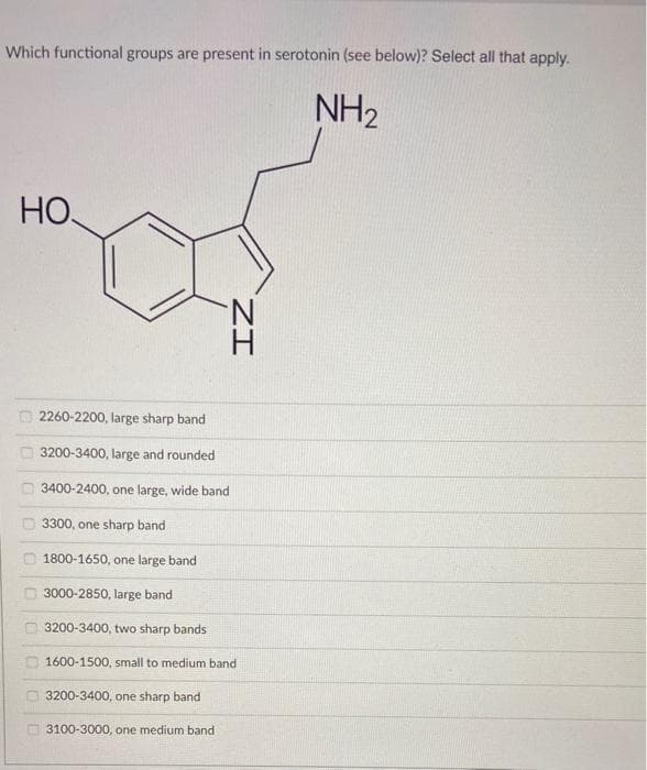 Which functional groups are present in serotonin (see below)? Select all that apply.
NH₂
НО.
00
ZI
2260-2200, large sharp band
3200-3400, large and rounded
3400-2400, one large, wide band
3300, one sharp band
1800-1650, one large band
3000-2850, large band
3200-3400, two sharp bands
1600-1500, small to medium band
3200-3400, one sharp band
3100-3000, one medium band