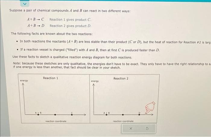 Suppose a pair of chemical compounds A and B can react in two different ways:
Reaction 1 gives product C.
A+B C
A+B-D
Reaction 2 gives product D.
The following facts are known about the two reactions:
. In both reactions the reactants (A+B) are less stable than their product (C or D), but the heat of reaction for Reaction #2 is larg
• If a reaction vessel is charged ("filled") with A and B, then at first C is produced faster than D.
Use these facts to sketch a qualitative reaction energy diagram for both reactions.
Note: because these sketches are only qualitative, the energies don't have to be exact. They only have to have the right relationship to e-
if one energy is less than another, that fact should be clear in your sketch.
energy
Reaction 1
reaction coordinate
energy
Reaction 2
reaction coordinate
X