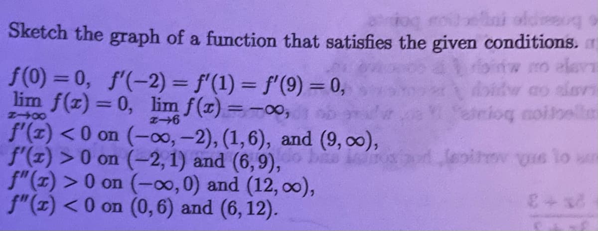 Sketch the graph of a function that satisfies the given conditions. r
loirtw mo alern
doidw ao slar
atiog noiloellari
f(0) = 0, f'(-2) = f'(1) = f'(9) = 0,
lim f(z) = 0, lim f(x) =-00,
f'(z) <0 on (-o,-2), (1,6), and (9, 0),
f'(z) >0 on (-2, 1) and (6,9),
f"(z) > 0 on (-∞,0) and (12, o0),
f"(z) <0 on (0, 6) and (6, 12).
