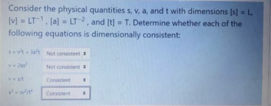 Consider the physical quantities s, v, a, and t with dimensions [s] = L,
[V] = LT, [a] = LT2, and [t] = T. Determine whether each of the
following equations is dimensionally consistent:
%3D
%3D
Svit 3at Not consistent
V 2as
Not consistent
V s/t
Consistent
a sv/t
Consistent
