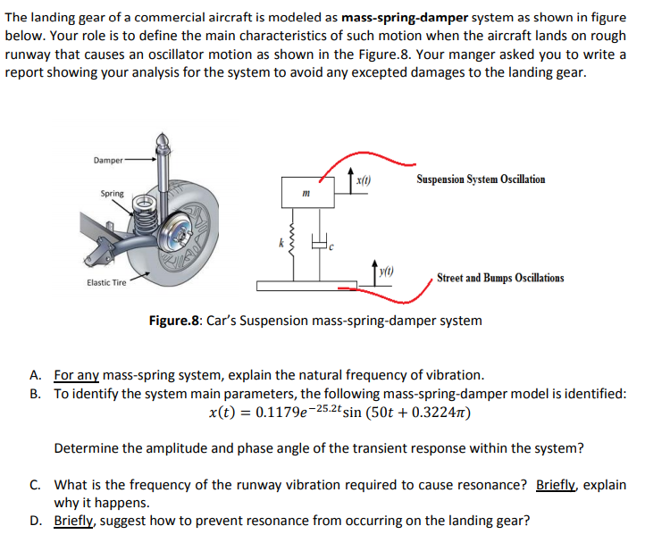 The landing gear of a commercial aircraft is modeled as mass-spring-damper system as shown in figure
below. Your role is to define the main characteristics of such motion when the aircraft lands on rough
runway that causes an oscillator motion as shown in the Figure.8. Your manger asked you to write a
report showing your analysis for the system to avoid any excepted damages to the landing gear.
Damper
| x(1)
Suspension System Oscillation
Spring
Street and Bumps Oscillations
Elastic Tire
Figure.8: Car's Suspension mass-spring-damper system
A. For any mass-spring system, explain the natural frequency of vibration.
B. To identify the system main parameters, the following mass-spring-damper model is identified:
x(t) = 0.1179e-25.2t sin (50t + 0.32247)
Determine the amplitude and phase angle of the transient response within the system?
C. What is the frequency of the runway vibration required to cause resonance? Briefly, explain
why it happens.
D. Briefly, suggest how to prevent resonance from occurring on the landing gear?
