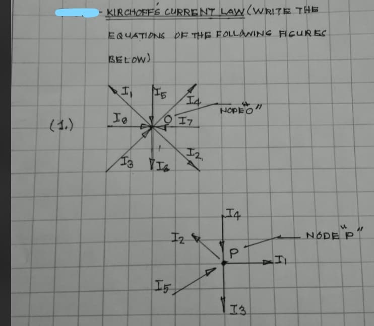 KIRCHOFFS CURRENT LAWw(WRITE THE
EQUATIONS OF THE FOLLAING FIGURES
BELOW)
I4
NOPEO"
(1.)
O I7
I2.
I4
NODE P
I3
