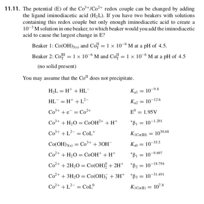 11.11. The potential (E) of the Co³+/Co²+ redox couple can be changed by adding
the ligand iminodiacetic acid (H₂L). If you have two beakers with solutions
containing this redox couple but only enough iminodiacetic acid to create a
10-³M solution in one beaker, to which beaker would you add the iminodiacetic
acid to cause the largest change in E?
Beaker 1: Co(OH)3(s) and Co = 1 x 10-6 M at a pH of 4.5.
Beaker 2: Co = 1 x 10-6 M and Co = 1 x 10-6 M at a pH of 4.5
(no solid present)
You may assume that the Co" does not precipitate.
H₂L = H+ + HL™
Kal
=
10-9.8
HL=H+ + L²-
K₁2 = 10-12.6
Co³++eCo²+
=
Eº = 1.95V
Co³+ + H₂O = COOH²+ + H+
"B₁
Co³++ L² COL+
=
KICO(III) =
Co(OH)3() = Co³+ + 3OH-
Ks0= 10-355
Co²+ + H₂O=COOH+ + H+
"B1 = 10-9.697
Co²+
+ 2H₂O = Co(OH)2 + 2H+
B₂ = 10-18.794
Co²+ + 3H₂O = Co(OH)3 + 3H+
B3 = 10-31491
Co²+ +L² = Colº
K₁Co(II) = 107.8
= 10-1.291
1030.68