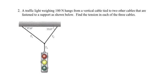 2. A traffic light weighing 100 N hangs from a vertical cable tied to two other cables that are
fastened to a support as shown below. Find the tension in each of the three cables.
37.0⁰
53.0
Ts
T₂