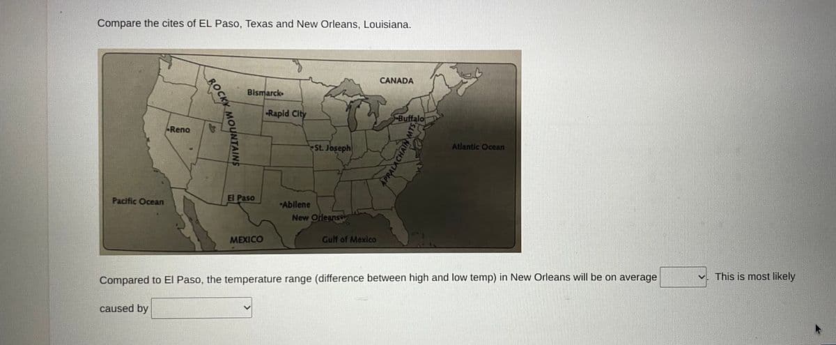 Compare the cites of EL Paso, Texas and New Orleans, Louisiana.
CANADA
Bismarck
Rapid City
Buffalo
Reno
St. Joseph
Atlantic Ocean
Pacific Ocean
El Paso
Ablene
New Ofleans
МEXICO
Gulf of Mexico
Compared to El Paso, the temperature range (difference between high and low temp) in New Orleans will be on average
This is most likely
caused by
APRALACHAIN MTS
ROCK
BOCKY MOUNTAINS
