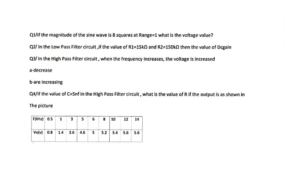 Q1/If the magnitude of the sine wave is 8 squares at Range=1 what is the voltage value?
Q2/ In the Low Pass Filter circuit ,if the value of R1=15kn and R2=150kn then the value of Dcgain
Q3/ In the High Pass Filter circuit, when the frequency increases, the voltage is increased
a-decrease
b-are increasing
Q4/If the value of C=5nf in the High Pass Filter circuit , what is the value of R if the output is as shown in
The picture
F(Khz) 0.5
1
3
5
6
8
10
12
14
Vo(v) 0.8 1.4 3.6 4.6
5
5.2
5.4
5.6 5.6
