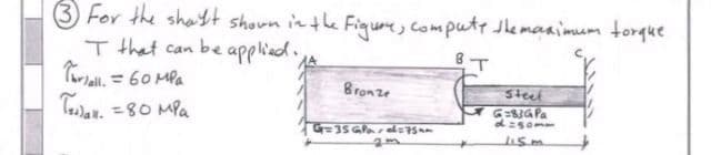 3 For the shaft shown in the Figure, compute the maximum torque.
T that can be applied.
8 T
Tarjall. = бомра
Тогдан. =80 мра
Bronze
G=35 Gafpal = 75 am
Steet
G=83G Pa
1:50mm
115m