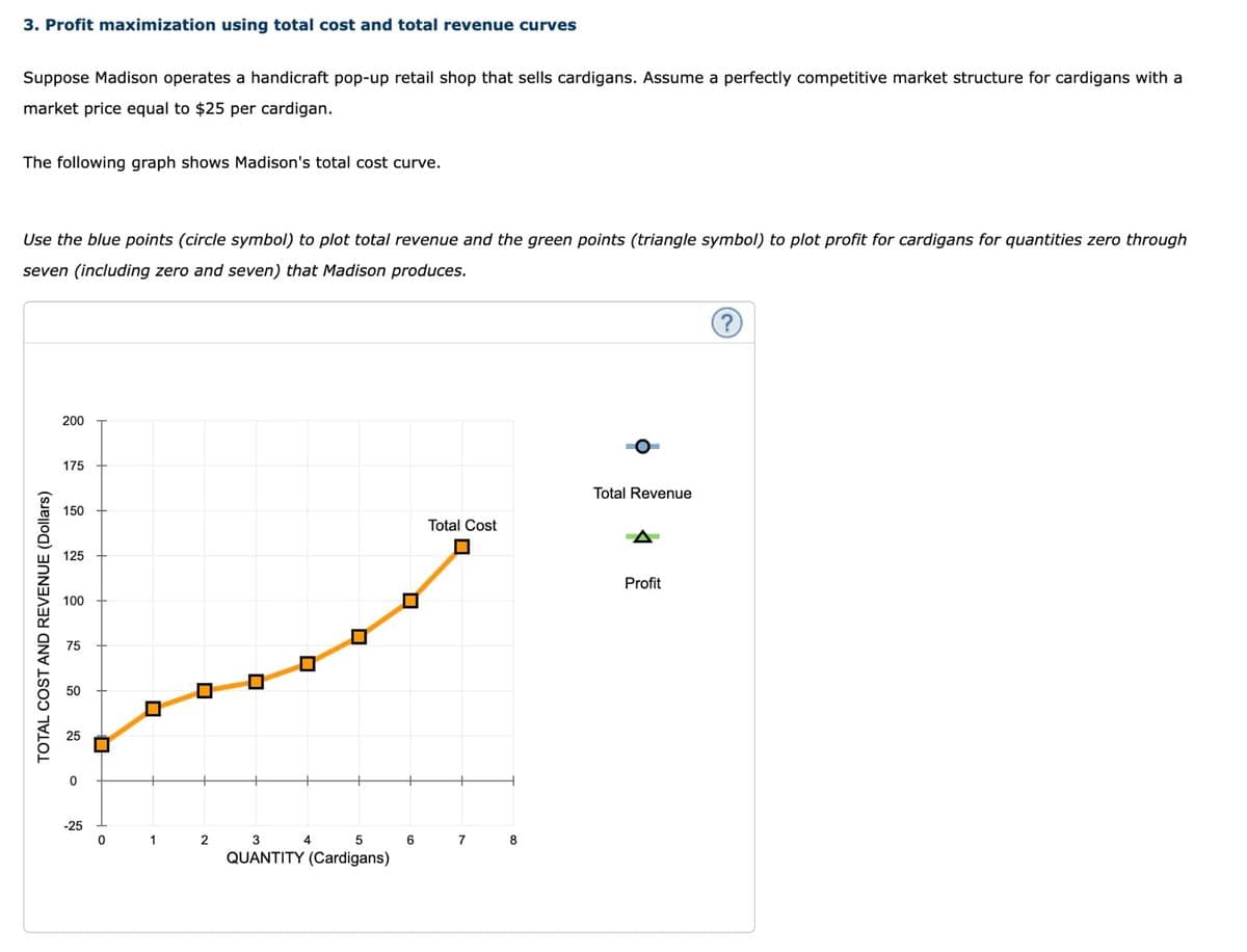 3. Profit maximization using total cost and total revenue curves
Suppose Madison operates a handicraft pop-up retail shop that sells cardigans. Assume a perfectly competitive market structure for cardigans with a
market price equal to $25 per cardigan.
The following graph shows Madison's total cost curve.
Use the blue points (circle symbol) to plot total revenue and the green points (triangle symbol) to plot profit for cardigans for quantities zero through
seven (including zero and seven) that Madison produces.
TOTAL COST AND REVENUE (Dollars)
200
175
150
125
100
75
-25
0
0
1
0
2
U
3
5
QUANTITY (Cardigans)
4
6
Total Cost
7
8
。
Total Revenue
▷
Profit