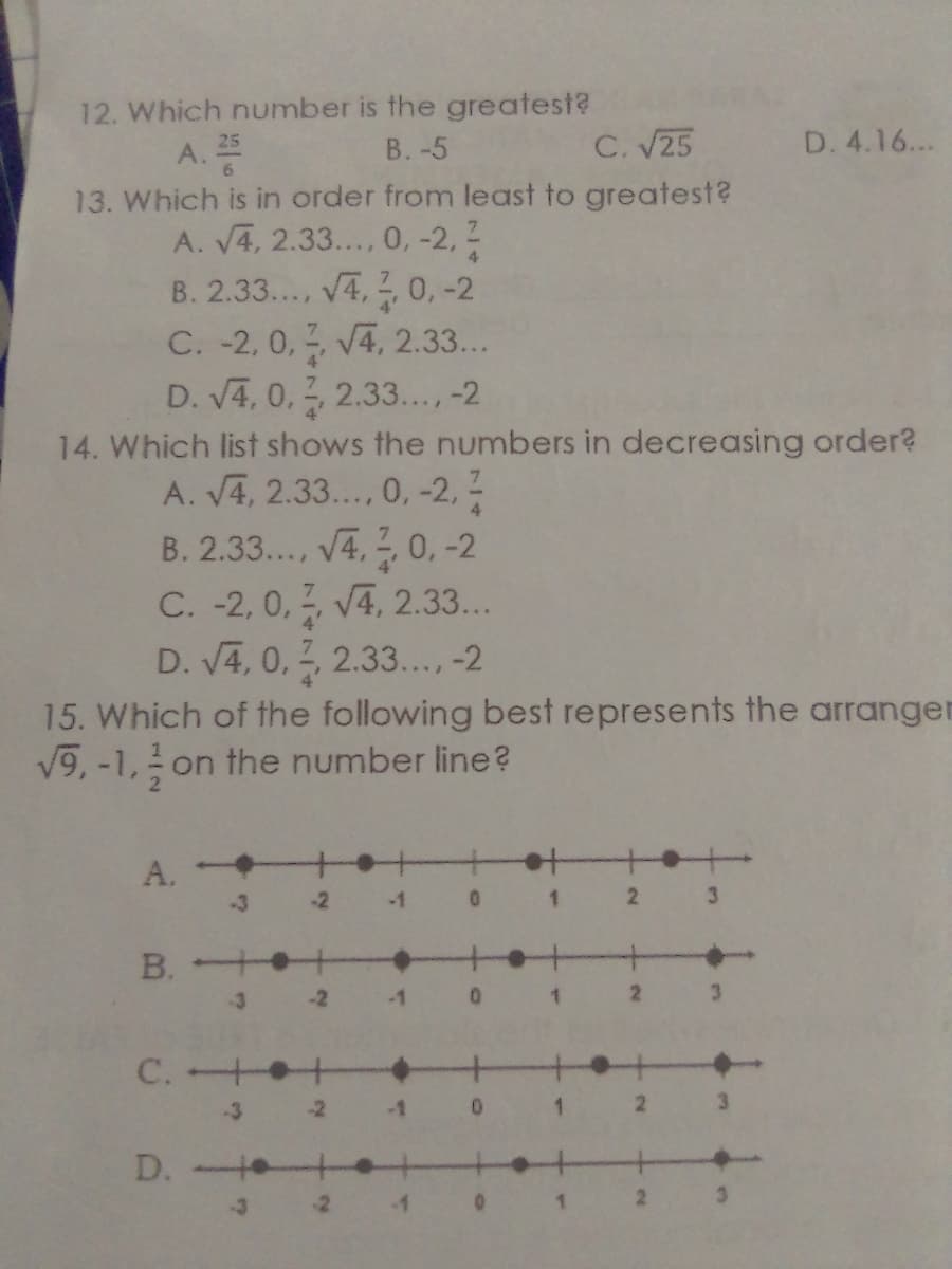 12. Which number is the greatest?
В. -5
C. V25
D. 4.16...
A.
13. Which is in order from least to greatest?
A. V4, 2.33..., 0, -2, 2
B. 2.33..., V4, 2 0, -2
C. -2, 0, V4, 2.33...
D. V4, 0, , 2.33..., -2
4
14. Which list shows the numbers in decreasing order?
A. V4, 2.33..., 0, -2,-
B. 2.33..., V4, 0, -2
C. -2, 0, V4, 2.33...
D. V4, 0, 2, 2.33..., -2
15. Which of the following best represents the arranger
V9, -1, on the number line?
A.
-3
-2
-1
2.
3.
B. +
-2
-1
1.
3.
C.
-3
-2
-1
1
2.
D.
