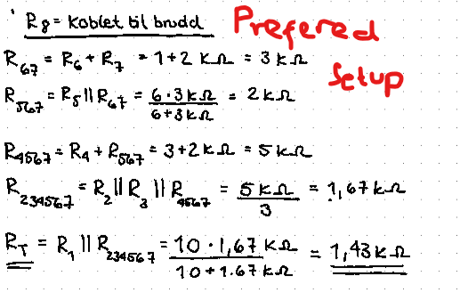 R&= koblet til
R67= R6 + R₂ = 1+2 KR = 3kr
R. = R$||R₁ + = 6· 3kr = 2kn
6+3kR
R4567= R₁ + R²567 = 3+2k₁ = 5KR
234567 R₂1 R₂ || R
€21.
brudd Prefered
R₁ = R₁₂ 11 R₂
234567
Setup
= 5KM = 1,67 kn
= 1,43k
4667
= 10·1,67 KR
10+1.67 KR.