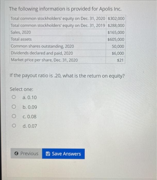 The following information is provided for Apolis Inc.
Total common stockholders' equity on Dec. 31, 2020 $302,000
Total common stockholders' equity on Dec. 31, 2019
$288,000
Sales, 2020
$165,000
Total assets
$605,000
Common shares outstanding, 2020
Dividends declared and paid, 2020
Market price per share, Dec. 31, 2020
If the payout ratio is .20, what is the return on equity?
Select one:
O
O
O
a. 0.10
b. 0.09
c. 0.08
d. 0.07
« Previous
50,000
$6,000
$21
Save Answers