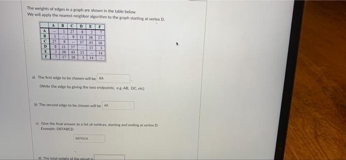 The weights of edges in a graph are shown in the table below.
We will apply the nearest neighbor algorithm to the graph starting at vertex D.
DE
1 27
2
B
9 11 36 17
9
1.
27
-37
37
36
43
D
E
F
16
15
15
11
43
16
14
717
3 14
al The first edge to be chosen will be BA
(Write the edge tby giving the two endpoints eg AB. DC, etc)
bi The second edge to be chosen will be AE
d Give the firal answer as a list of vertices starting and ending at vertex D.
Example: DEFABCD
BEFDCA
di The total vsisht of the ciuit is
