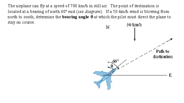 The airplane can fly at a speed of 700 km/h in still a ir. The point of destination is
located at a bearing of north 60° east (see diagram). If a 50-km/h wind is blowing from
north to south, determine the bearing angle 0 at which the pilot must direct the plane to
stay on course.
50 km/h
N
Path to
dcstination
E
