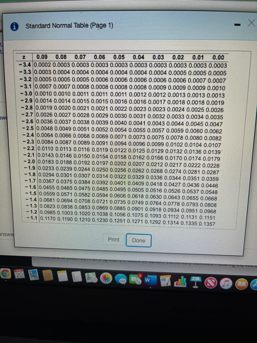 A Standard Normal Table (Page 1)
0.09
0.08
0.07
0.06
0.05
0.04
0.03
0.02
0.00
-3.4 0.0002 0.0003 0.0003 0.0003 0.0003 0.0003 0.0003 0.0003 0.0003 0.0003
-3.3 0.0003 0.0004 0.0004 0.0004 0.0004 0.0004 0.0004 0.0005 0.0005 0.0005
-3.2 0.0005 0.0005 0.0005 0.0006 0.0006 0.0006 0.0006 0.0006 0.0007 0.0007
-3.1 0.0007 0.0007 0.0008 0.0008 0.0008 0.0008 0.0009 0.0009 0.0009 0.0010
-3.0 0.0010 0.0010 0.0011 0.0011 0.0011 0.0012 0.0012 0.0013 0.0013 0.0013
- 2.9 0.0014 0.0014 0.0015 0.0015 0.0016 0.0016 0.0017 0.0018 0.0018 0.0019
-2.8 0.0019 0.0020 0.0021 0.0021 0.0022 0.0023 0.0023 0.0024 0.0025 0.0026
-2.7 0.0026 0.0027 0.0028 0.0029 0.0030 0.0031 0.0032 0.0033 0.0034 0.0035
-2.6 0.0036 0.0037 0.0038 0.0039 0.0040 0.0041 0.0043 0.0044 0.0045 0.0047
-2.5 0.0048 0.0049 0.0051 0.0052 0.0054 0.0055 0.0057 0.0059 0.0060 0.0062
- 2.4 0.0064 0.0066 0.0068 0.0069 0.0071 0.0073 0.0075 0.0078 0.0080 0.0082
-2.3 0.0084 0.0087 0.0089 0.0091 0.0094 0.0096 0.0099 0.0102 0.0104 0.0107
- 2.2 0.0110 0.0113 0.0116 0.0119 0.0122 0.0125 0.0129 0.0132 0.0136 0.0139
-2.1 0.0143 0.0146 0.0150 0.0154 0.0158 0.0162 0.0166 0.0170 0.0174 0.0179
-2.0 0.0183 0.0188 0.0192 0.0197 0.0202 0.0207 0.0212 0.0217 0.0222 0.0228
-1.9 0.0233 0.0239 0.0244 0.0250 0.0256 0.0262 0.0268 0.0274 0.0281 0.0287
-1.8 0.0294 0.0301 0.0307 0.0314 0.0322 0.0329 0.0336 0.0344 0.0351 0.0359
-1.7 0.0367 0.0375 0.0384 0.0392 0.0401 0.0409 0.0418 0.0427 0.0436 0.0446
-1.6 0.0455 0.0465 0.0475 0.0485 0.0495 0.0505 0.0516 0.0526 0.0537 0.0548
- 1.5 0.0559 0.0571 0.0582 0.0594 0.0606 0.0618 0.0630 0.0643 0.0655 0.0668
-1.4 0.0681 0.0694 0.0708 0.0721 0.0735 0.0749 0.0764 0.0778 0.0793 0.0808
- 1.3 0.0823 0.0838 0.0853 0.0869 0.0885 0.0901 0.0918 0.0934 0.0951 0.0968
- 1.2 0.0985 0.1003 0.1020 0.1038 0.1056 0.1075 0.1093 0.1112 0.1131 0.1151
- 1.1 0.1170 0.1190 0.1210 0.1230 0.1251 0.1271 0.1292 0.1314 0.1335 0.1357
0.01
Swe
answe
Print
Done
20

