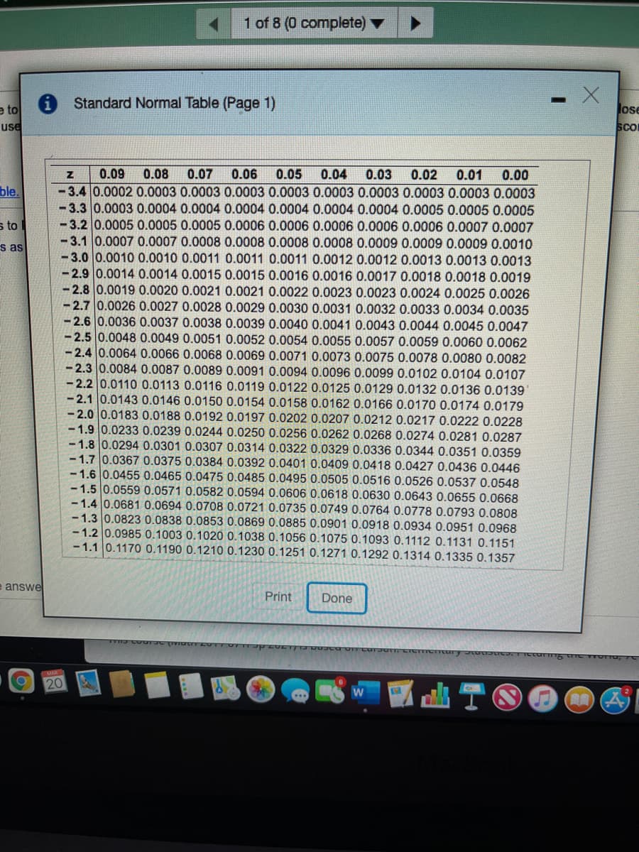 1 of 8 (0 complete)
i Standard Normal Table (Page 1)
e to
lose
use
SCO
0.09
0.08
0.07
0.06
0.05
0.04
0.03
0.02
0.01
0.00
ble.
-3.4 0.0002 0.0003 0.0003 0.0003 0.0003 0.0003 0.0003 0.0003 0.0003 0.0003
-3.3 0.0003 0.0004 0.0004 0.0004 0.0004 0.0004 0.0004 0.0005 0.0005 0.0005
-3.2 0.0005 0.0005 0.0005 0.0006 0.0006 0.0006 0.0006 0.0006 0.0007 0.0007
- 3.1 0.0007 0.0007 0.0008 0.0008 0.0008 0.0008 0.0009 0.0009 0.0009 0.0010
-3.0 0.0010 0.0010 0.0011 0.0011 0.0011 0.0012 0.0012 0.0013 0.0013 0.0013
-2.9 0.0014 0.0014 0.0015 0.0015 0.0016 0.0016 0.0017 0.0018 0.0018 0.0019
-2.8 0.0019 0.0020 0.0021 0.0021 0.0022 0.0023 0.0023 0.0024 0.0025 0.0026
-2.7 0.0026 0.0027 0.0028 0.0029 0.0030 0.0031 0.0032 0.0033 0.0034 0.0035
- 2.6 0.0036 0.0037 0.0038 0.0039 0.0040 0.0041 0.0043 0.0044 0.0045 0.0047
- 2.5 0.0048 0.0049 0.0051 0.0052 0.0054 0.0055 0.0057 0.0059 0.0060 0.0062
-2.4 0.0064 0.0066 0.0068 0.0069 0.0071 0.0073 0.0075 0.0078 0.0080 0.0082
- 2.3 0.0084 0.0087 0.0089 0.0091 0.0094 0.0096 0.0099 0.0102 0.0104 0.0107
- 2.2 0.0110 0.0113 0.0116 0.0119 0.0122 0.0125 0.0129 0.0132 0.0136 0.0139
- 2.1 0.0143 0.0146 0.0150 0.0154 0.0158 0.0162 0.0166 0.0170 0.0174 0.0179
- 2.0 0.0183 0.0188 0.0192 0.0197 0.0202 0.0207 0.0212 0.0217 0.0222 0.0228
- 1.9 0.0233 0.0239 0.0244 0.0250 0.0256 0.0262 0.0268 0.0274 0.0281 0.0287
-1.8 0.0294 0.0301 0.0307 0.0314 0.0322 0.0329 0.0336 0.0344 0.0351 0.0359
-1.7 0.0367 0.0375 0.0384 0.0392 0.0401 0.0409 0.0418 0.0427 0.0436 0.0446
-1.6 0.0455 0.0465 0.0475 0.0485 0.0495 0.0505 0.0516 0.0526 0.0537 0.0548
- 1.5 0.0559 0.0571 0.0582 0.0594 0.0606 0.0618 0.0630 0.0643 0.0655 0.0668
- 1.4 0.0681 0.0694 0.0708 0.0721 0.0735 0.0749 0.0764 0.0778 0.0793 0.0808
- 1.3 0.0823 0.0838 0.0853 0.0869 0.0885 0.0901 0.0918 0.0934 0.0951 0.0968
- 1.2 0.0985 0.1003 0.1020 0.1038 0.1056 0.1075 0.1093 0.1112 0.1131 0.1151
-1.1 0.1170 0.1190 0.1210 0.1230 0.1251 0.1271 0.1292 0.1314 0.1335 0.1357
s to
s as
e answe
Print
Done
20
