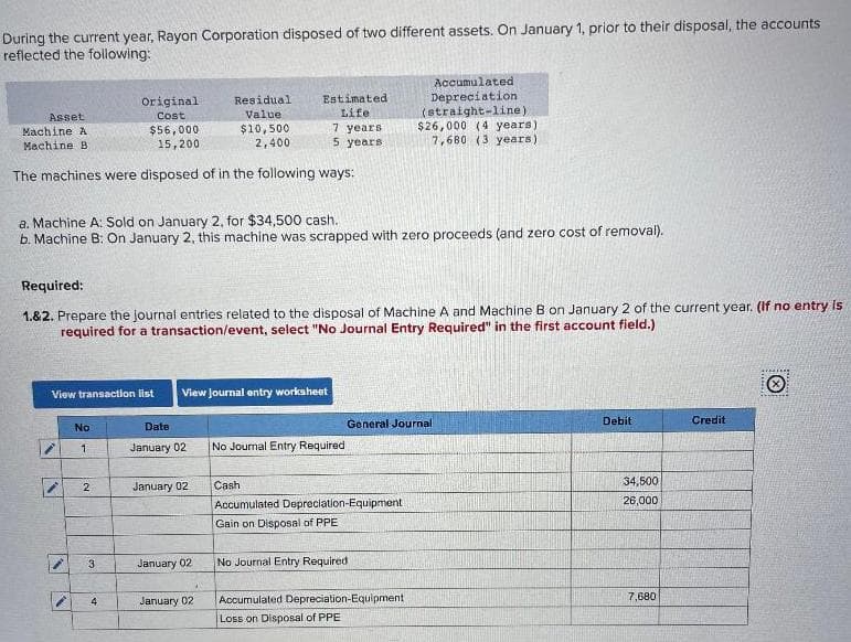 During the current year, Rayon Corporation disposed of two different assets. On January 1, prior to their disposal, the accounts
reflected the following:
Asset
Machine A
Machine B
Original.
Cost
$56,000
15,200
The machines were disposed of in the following ways:
View transaction list
N
a. Machine A: Sold on January 2, for $34,500 cash.
b. Machine B: On January 2, this machine was scrapped with zero proceeds (and zero cost of removal).
No
1
Required:
1.82. Prepare the journal entries related to the disposal of Machine A and Machine B on January 2 of the current year. (If no entry is
required for a transaction/event, select "No Journal Entry Required" in the first account field.)
2
3
4
Residual
Value.
$10,500
2,400
Date
January 02
Estimated
Life
View Journal entry worksheet
January 02
January 02
January 02
7 years
5 years.
No Journal Entry Required
Accumulated
Depreciation
(straight-line).
$26,000 (4 years)
7,680 (3 years)
General Journal
Cash
Accumulated Depreciation-Equipment
Gain on Disposal of PPE
No Journal Entry Required
Accumulated Depreciation-Equipment
Loss on Disposal of PPE
Debit
34,500
26,000
7,680
Credit
Ⓡ