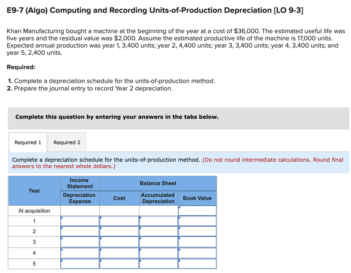 E9-7 (Algo) Computing and Recording Units-of-Production Depreciation [LO 9-3]
Khan Manufacturing bought a machine at the beginning of the year at a cost of $36,000. The estimated useful life was
five years and the residual value was $2,000. Assume the estimated productive life of the machine is 17,000 units.
Expected annual production was year 1, 3,400 units; year 2, 4,400 units; year 3, 3,400 units; year 4, 3,400 units; and
year 5, 2,400 units.
Required:
1. Complete a depreciation schedule for the units-of-production method.
2. Prepare the journal entry to record Year 2 depreciation.
Complete this question by entering your answers in the tabs below.
Required 1 Required 2
Complete a depreciation schedule for the units-of-production method. (Do not round intermediate calculations. Round final
answers to the nearest whole dollars.)
Year
At acquisition
1
2
3
4
5
Income
Statement
Depreciation
Expense
Cost
Balance Sheet
Accumulated
Depreciation
Book Value