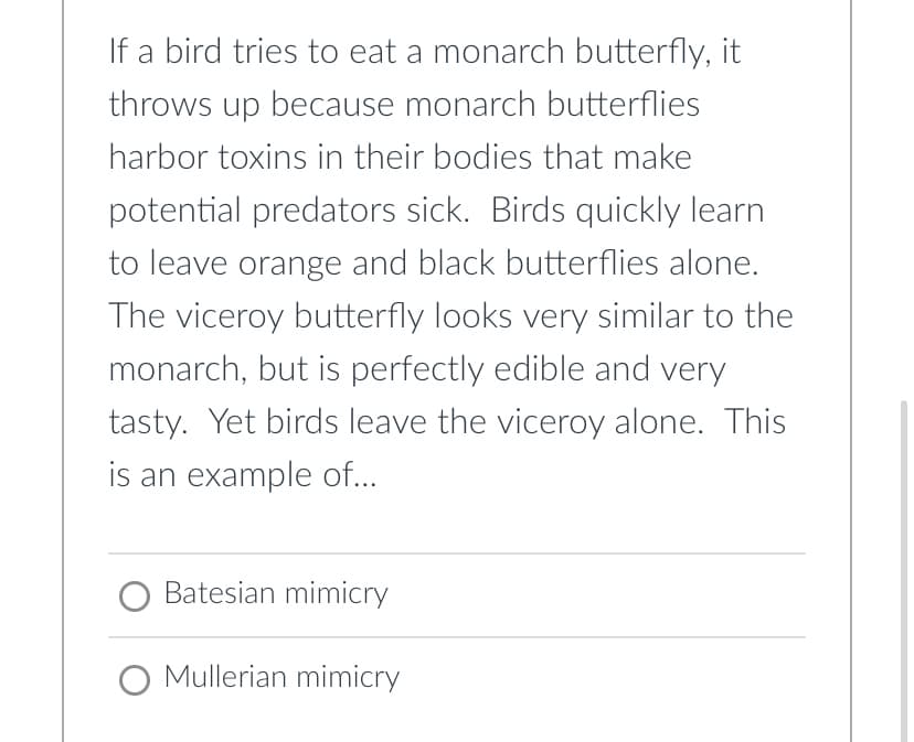 If a bird tries to eat a monarch butterfly, it
throws up because monarch butterflies
harbor toxins in their bodies that make
potential predators sick. Birds quickly learn
to leave orange and black butterflies alone.
The viceroy butterfly looks very similar to the
monarch, but is perfectly edible and very
tasty. Yet birds leave the viceroy alone. This
is an example of...
Batesian mimicry
O Mullerian mimicry
